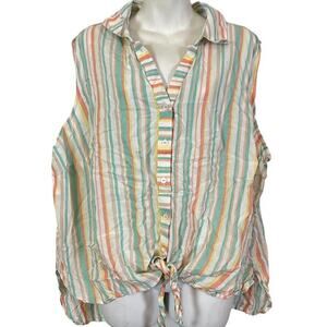 Foxcroft Womens Fox Croft Striped Linen Sleeveless Tie Front Button Up Top 24W